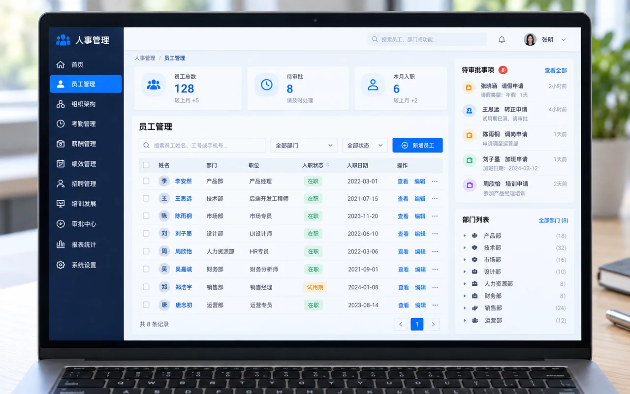 企业人事管理系统产品界面示意
